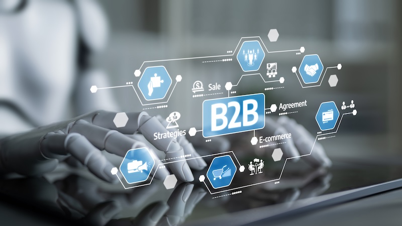 AI Agents Futuristic Digital Interface Displaying Business to Business Strategies and E commerce Solutions with Robotic Hands Engaging in Modern Technology. Tessel