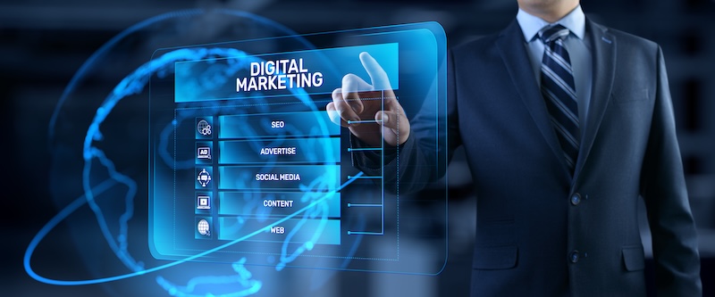 Alloy Hot Sauce DIgital marketing online internet SEO SEM SMM. Businessman pressing button on screen.