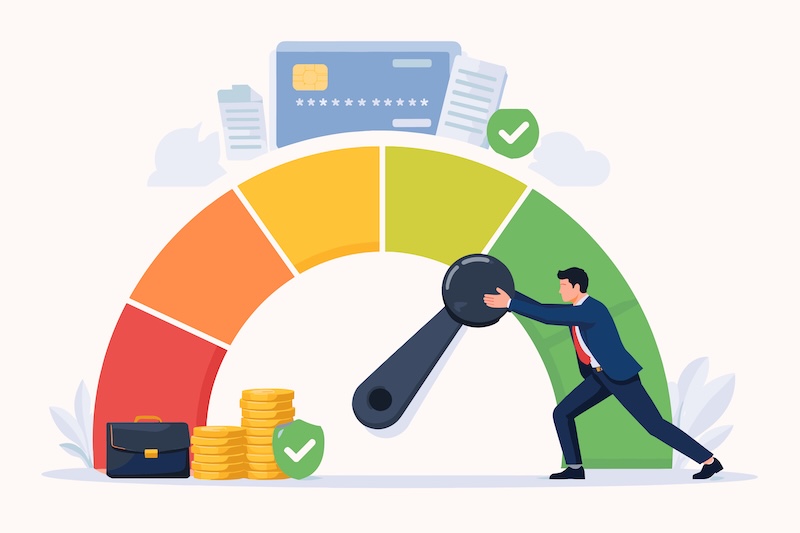Chalice AI LiveRamp Growth Scores Businessman Pushing Credit Score Gauge Needle from Poor to Excellent, Concept of Financial Growth, Debt Management, Credit Repair, and Improving Credit History with Credit Card and Coins Vector.