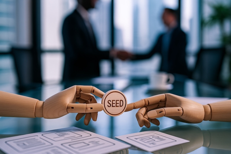 Kana Raise $15M for Agentic AI Entrepreneurship and startups concept with wooden hands exchanging seed funding in modern office environment