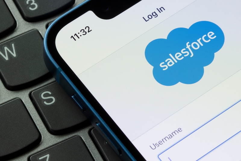 Salesforce Informatica Integration mobile app login page is seen on an iPhone. Salesforce is an American cloud based software company known for its CRM service platform.