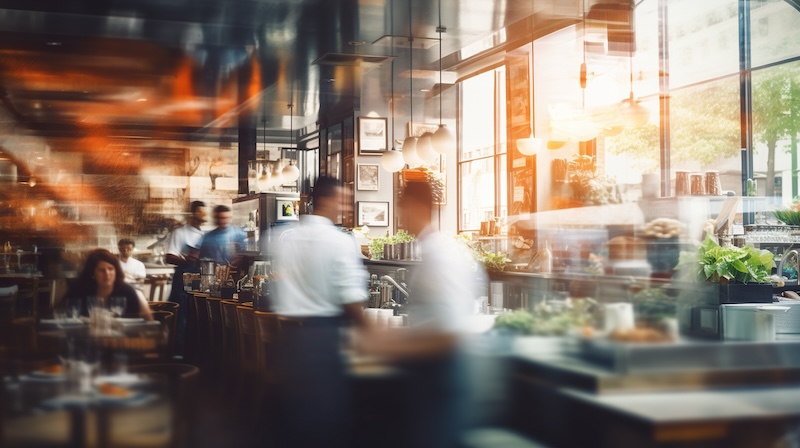 crowded restaurant with people dining and waiters, bartender and chefs working, blurred motion, generative AI